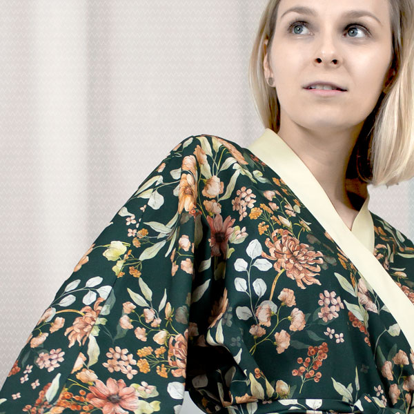 Szlafrok bawełniany kimono butelkowa zieleń w kwiaty