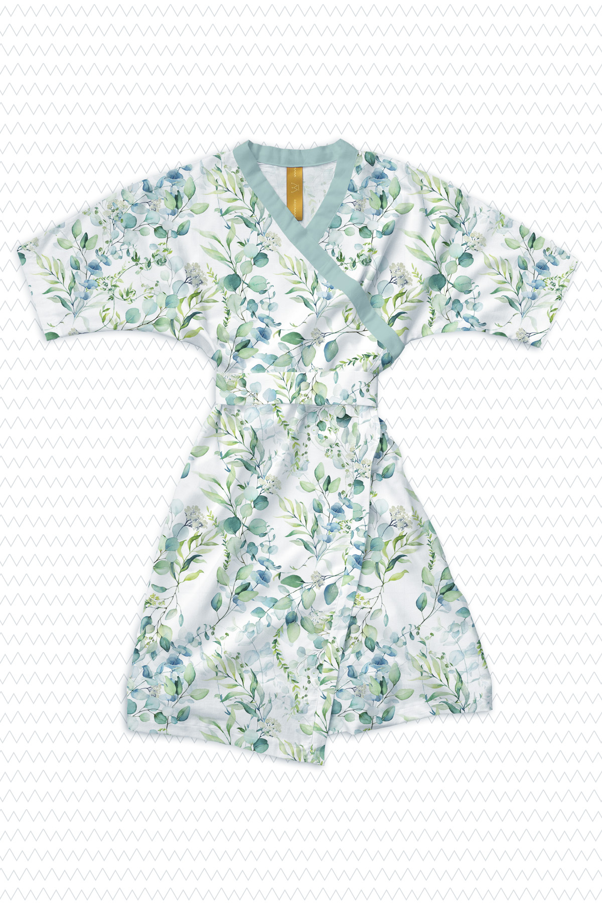 Szlafrok bawełniany kimono miętowo zielony w kwiaty